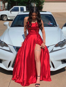Red Satin Long Prom Gown,Front Slit ...